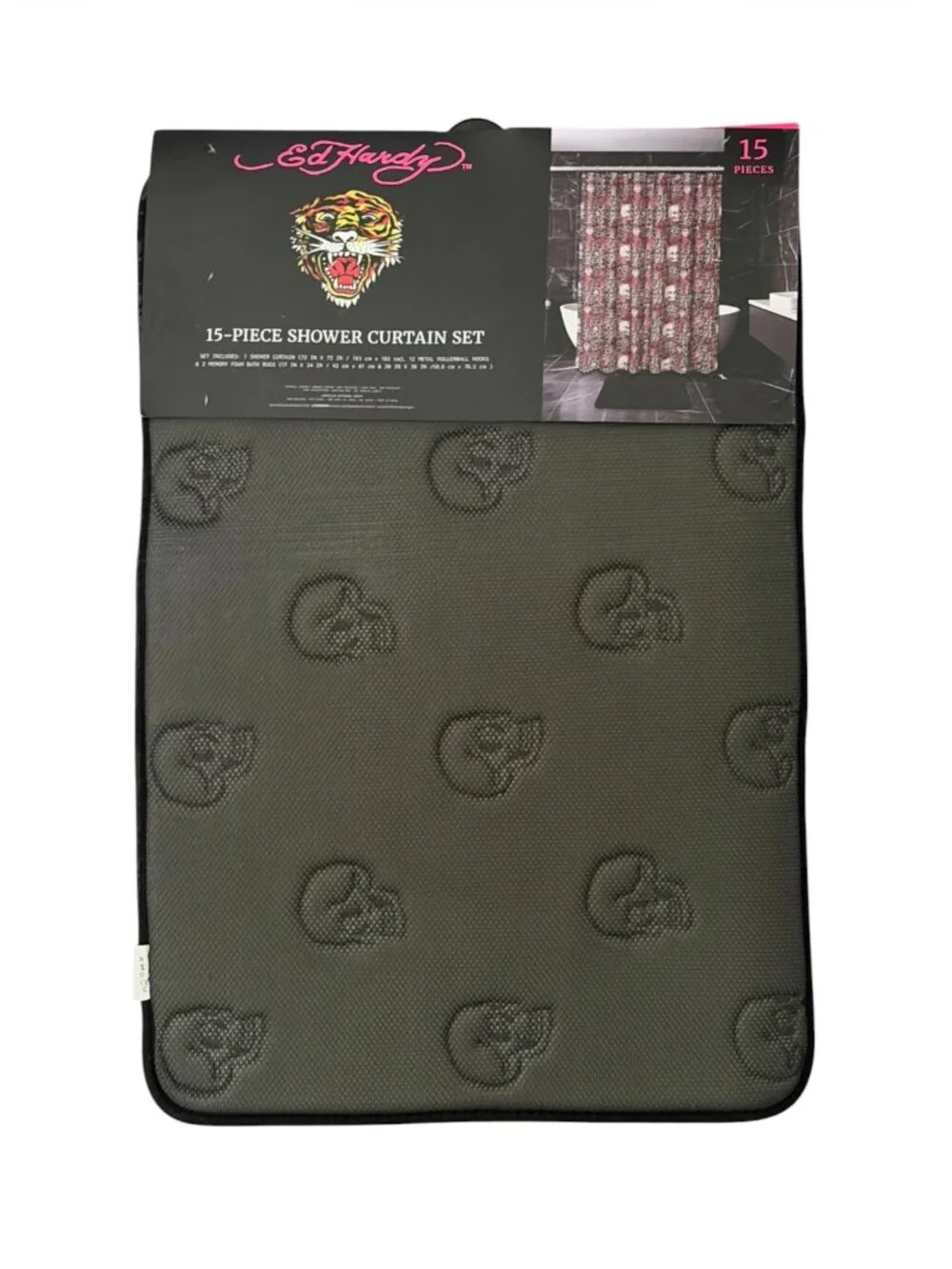Ed Hardy Leopard / Black Shower Curtain Set with Bath Rugs | NEW